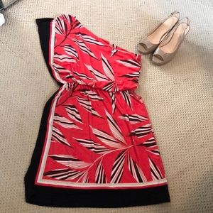 Coral, tan and black single shoulder dress